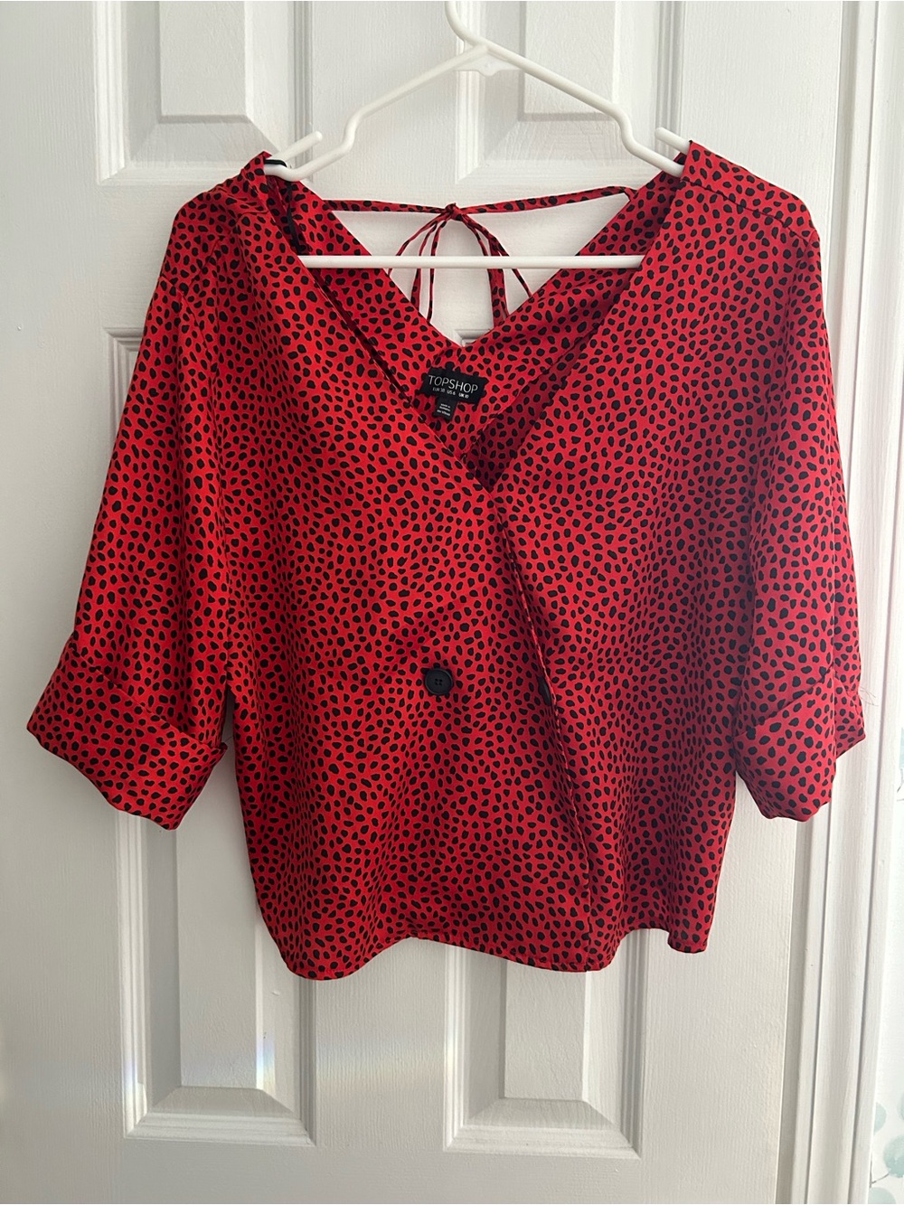 Topshop Red Black Dot Wrap-Style Tie-Back Blouse